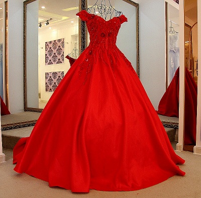 Elegant Red V-neck Lace-up Brush Train Appliques Prom Gown With Ruffle_4
