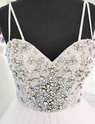Glamorous Tulle Spaghetti Straps  Beading White Long Prom Evening Dress_3