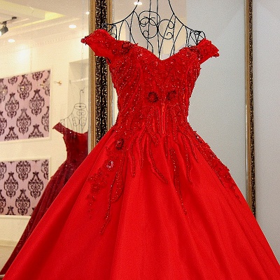Elegant Red V-neck Lace-up Brush Train Appliques Prom Gown With Ruffle_5
