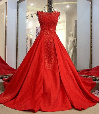 Elegant Red Bateau Sleeveless Backless Floor-Length Evening Gown With Bow_1
