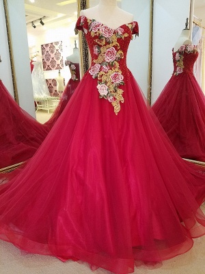 Stunning Red Floor-length V Neck Off-the-shoulder Lace-up Beading Appliques Evening Gown_4