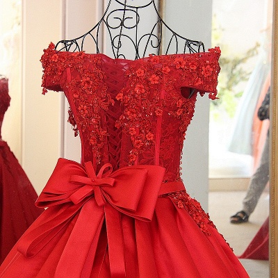 Modest Red Off-the-shoulder A Line Appliques Beadings Prom Dress With Belt_6