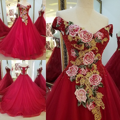 Stunning Red Floor-length V Neck Off-the-shoulder Lace-up Beading Appliques Evening Gown_3