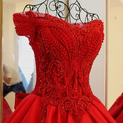 Red Off-the-shoulder Bow Lace-up V-neck Floor Length Evening gown with appliques_5