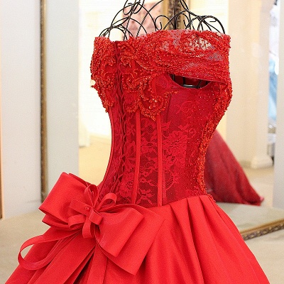 Red Off-the-shoulder Bow Lace-up V-neck Floor Length Evening gown with appliques_6