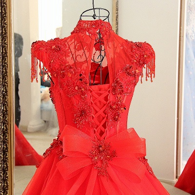 Classical Red A Line High Neck Lace-up Floor-Length Appliques Evening Dress_6