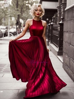Sheath Jewel Sleeveless Pleats Dresses Length Burgundy Floor Evening Dresses_3