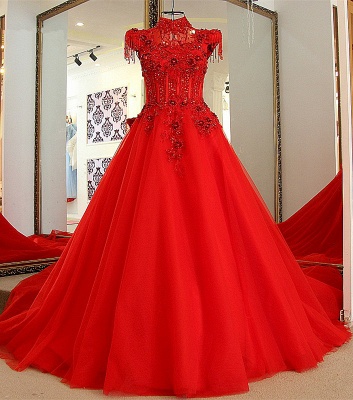 Classical Red A Line High Neck Lace-up Floor-Length Appliques Evening Dress_1