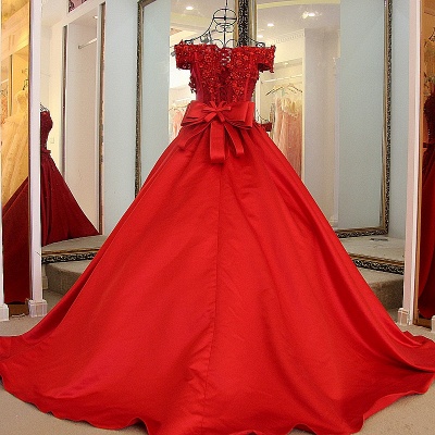 Modest Red Off-the-shoulder A Line Appliques Beadings Prom Dress With Belt_4