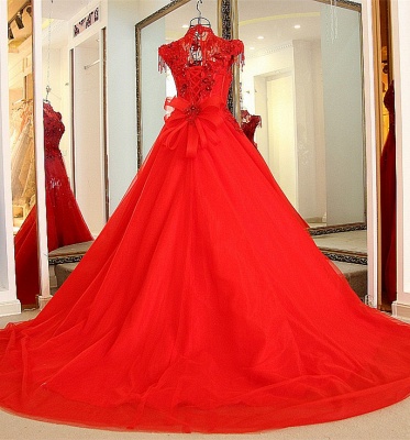 Classical Red A Line High Neck Lace-up Floor-Length Appliques Evening Dress_3