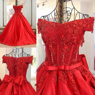 Modest Red Off-the-shoulder A Line Appliques Beadings Prom Dress With Belt_7