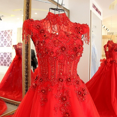 Classical Red A Line High Neck Lace-up Floor-Length Appliques Evening Dress_5