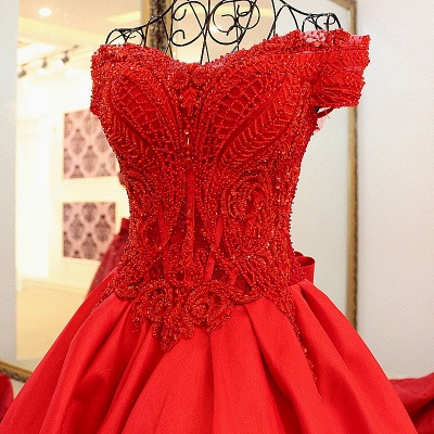 Red Off-the-shoulder Bow Lace-up V-neck Floor Length Evening gown with appliques_1
