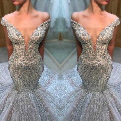 Charming Off The Shoulder Sexy Bridal Gowns |  Tulle Beading  Mermaid Court Train Wedding Dress_3