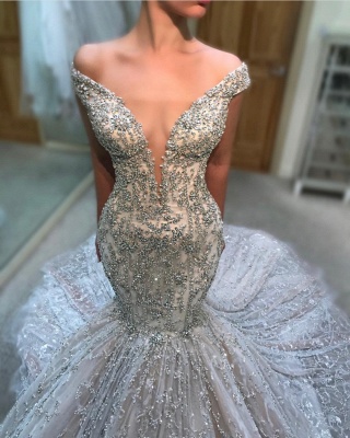 Charming Off The Shoulder Sexy Bridal Gowns |  Tulle Beading  Mermaid Court Train Wedding Dress_1