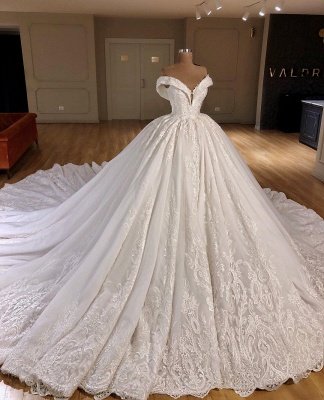 Appliques Off The Shoulder Ball Gown Chapel Train Wedding Dresses Cheap_1