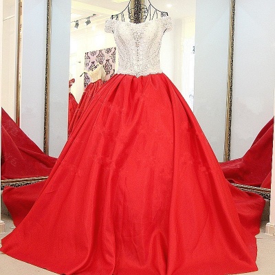 Popular Lace-up Appliques V-Neck Off-the-shoulder Ball Gown Evening Dress_1