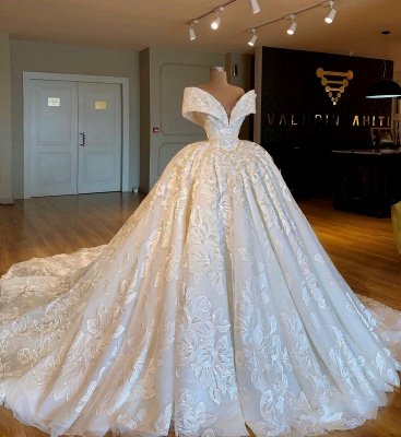 Sexy Off The Shoulder Cheap Ball Gown Chapel Train Appliques Chiffon Wedding Dresses_1