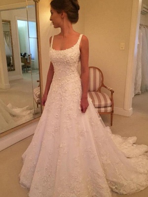 Spaghetti Straps Lace Appliques Open Back Aline Wedding Dresses_3