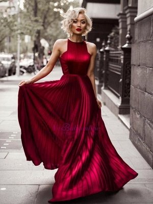 Sheath Jewel Sleeveless Pleats Dresses Length Burgundy Floor Evening Dresses_3