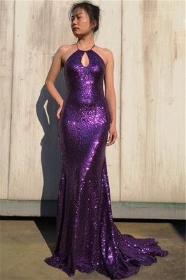 Glamorous Purple Halter Sleeveless Mermaid Floor-Length Prom Dress_1