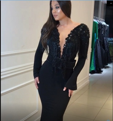 Sexy Black Open Back Long Sleeves Mermaid Tassels V-Neck Beadings Long Prom Dresses_1