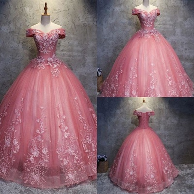 Elegant Off-The-Shoulder Ball gown Appliques Sleveless Floor-Length Lace-up Prom Dresses_1