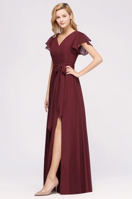 elegant A-line Chiffon V-Neck Short-Sleeves Floor-Length Bridesmaid Dresses with Bow Sash_4