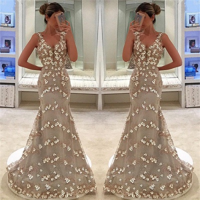 Mermaid Appliques Sleeveless Straps V-Neck Long Prom Dress_3