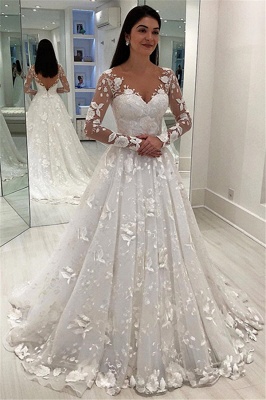 Elegant A-Line Tulle Lace Appliques V-Neck Long Sleeve Wedding Dresses_1