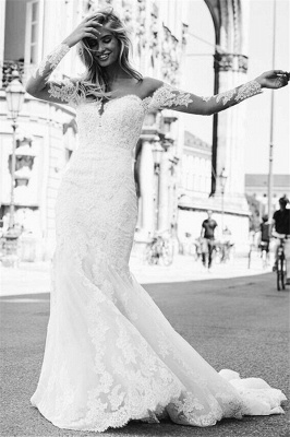 Mermaid Tulle Lace Appliques Sexy Off The Shoulder Long Sleeve Wedding Dresses_4