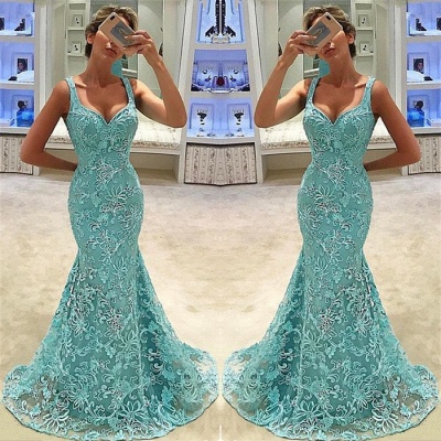 Mermaid Straps Appliques Sleeveless Long Prom Dress_3