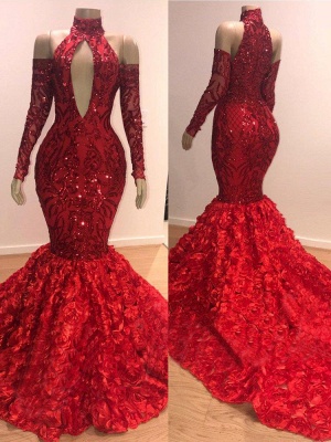 Red Floral Mermaid High Neck Long Sleeve Prom Dresses  BC0767_2