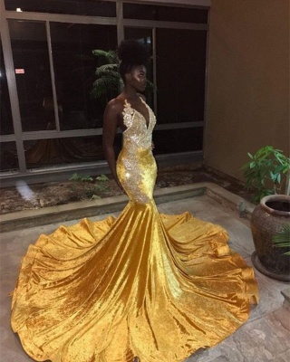 Chic V-Neck Sleeveless Mermaid Appliques Yellow Prom Dress_1