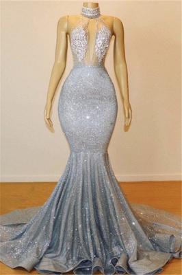 Silver Beads Sequins Mermaid Halter Sleeveless Floor Length Sexy Prom Dresses_1