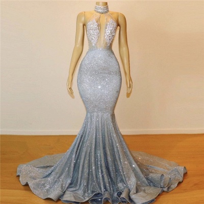 Silver Beads Sequins Mermaid Halter Sleeveless Floor Length Sexy Prom Dresses_4