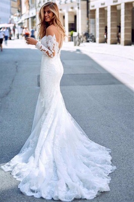 Mermaid Tulle Lace Appliques Sexy Off The Shoulder Long Sleeve Wedding Dresses_3