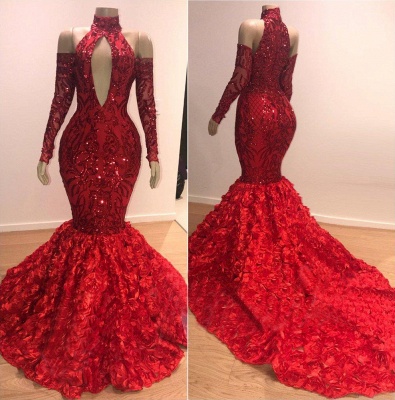 Red Floral Mermaid High Neck Long Sleeve Prom Dresses  BC0767_3