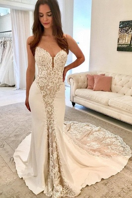 Elegant Spaghetti Straps Sleeveless Appliques Mermaid Prom Dress_1