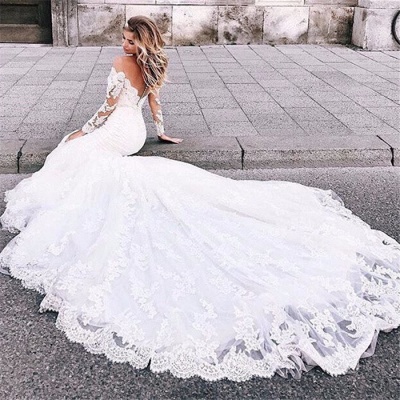 Mermaid Tulle Lace Appliques Sexy Off The Shoulder Long Sleeve Wedding Dresses_5