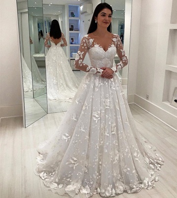 Elegant A-Line Tulle Lace Appliques V-Neck Long Sleeve Wedding Dresses_3
