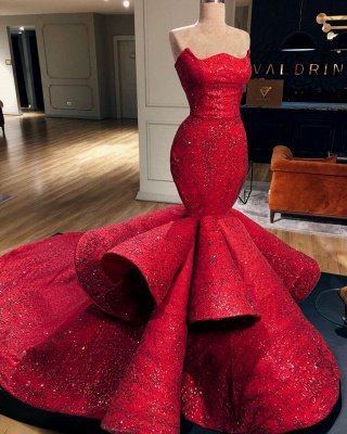 Elegant Mermaid Red Evening Gowns | Ruffles Sexy Strapless Sleeveless Prom Dresses_2