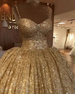 2021 Luxurious Spaghetti Straps Sleeveless Ball Gown Sequins Lace-up Prom Dresses_1