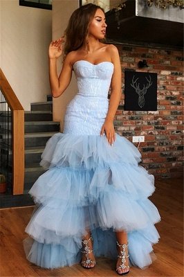 Mermaid Tulle Layers Strapless Sleeveless High-Low Prom Dress_4
