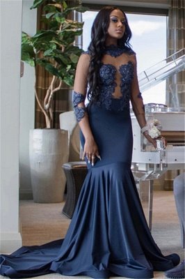 Elegant Mermaid Appliques 3/4 Sleeves Long Prom Dress_3