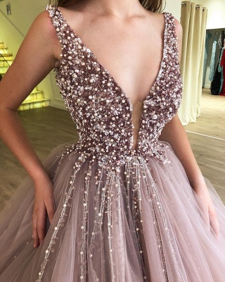 Tulle Beading Deep-V-Neck Straps Sleeveless Prom Dress_3