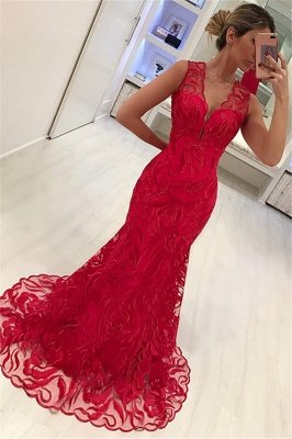 Mermaid Appliques Straps Sleeveless V-Neck Long Prom Dress_1