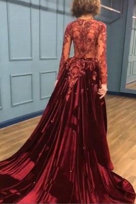 2021 Sparkle Beads Burgundy Velvet Long Sleeves Prom Dresses with Appliques BC0731_1