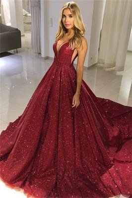 Burgundy Plus Size Sequins Formal Gowns |  Long V-Neck Sleeveless Prom Dresses_2