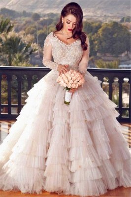 Tulle Lace Appliques V-Neck Long Sleeve Layers Wedding Dresses_1